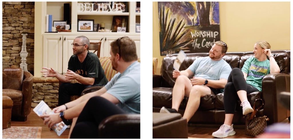 Two photos: Left, a man gestures while speaking to others in a cozy living room; another man listens. Right, a man and woman sit on a brown sofa, smiling and talking, with artwork and decor in the background.