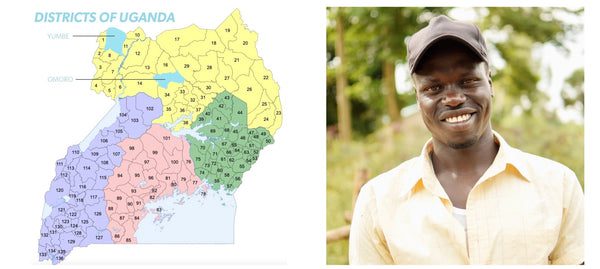 A map of Uganda showing its numbered districts is on the left; on the right, a man wearing a cap and light shirt stands outdoors, smiling at the camera.