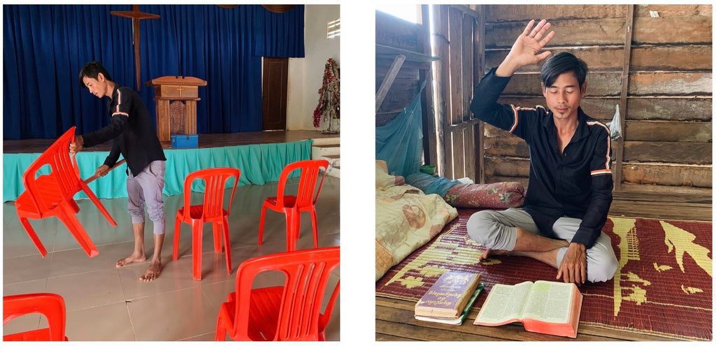 Left: A man arranges red plastic chairs in a room with a blue curtain and a wooden podium. Right: The same man sits cross-legged on a mat indoors, raising one hand with an open Bible in front of him.