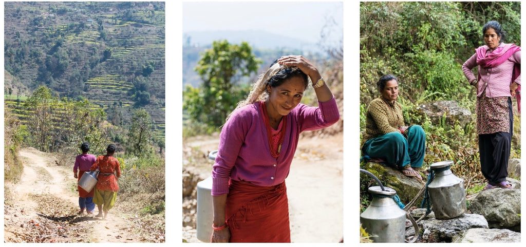 Three images: two women walking on a rural path with terraced hills in the background; a woman smiling and touching her head; two women near metal milk containers by a rocky area and greenery.