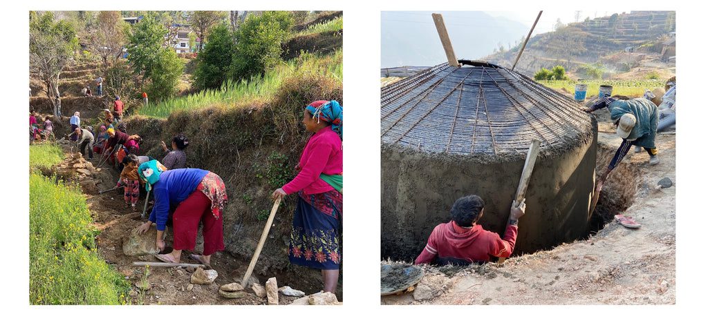 Left: A group of women and men work together, placing stones and digging soil along a terraced hillside. Right: Several people plaster a large, round water tank with a thatched roof frame on a sloped, rural landscape.