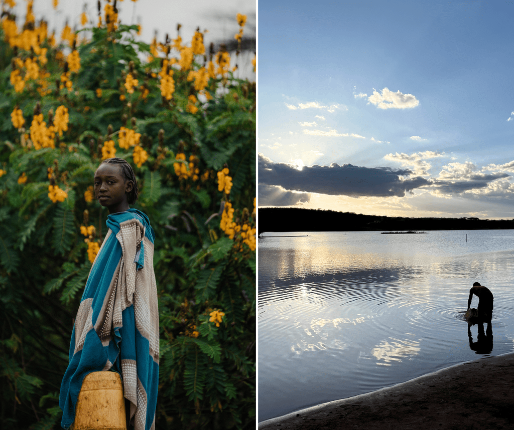 Left: A person in a blue and beige shawl stands near yellow flowers, holding a container. Right: Two people stand in shallow water at a lakeshore under a dramatic sky with clouds and sunlight.
