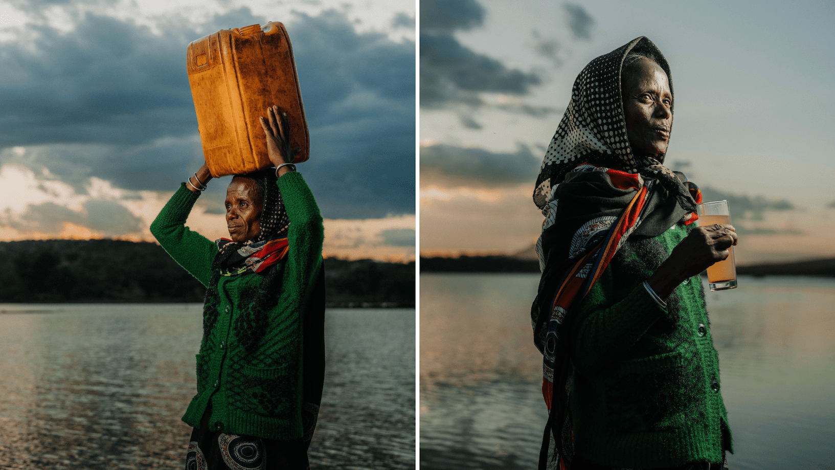 Two photos of an older woman by a lake at sunset: in the first, she carries a large yellow container on her head; in the second, she holds a glass of water and looks into the distance, wearing a green sweater and patterned scarf.