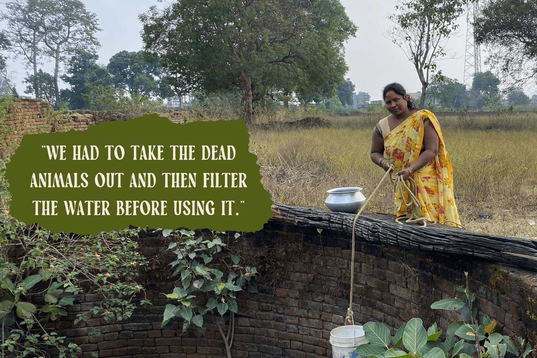 A woman in a yellow sari draws water from a rural well with a rope and bucket. The caption reads: We had to take the dead animals out and then filter the water before using it.