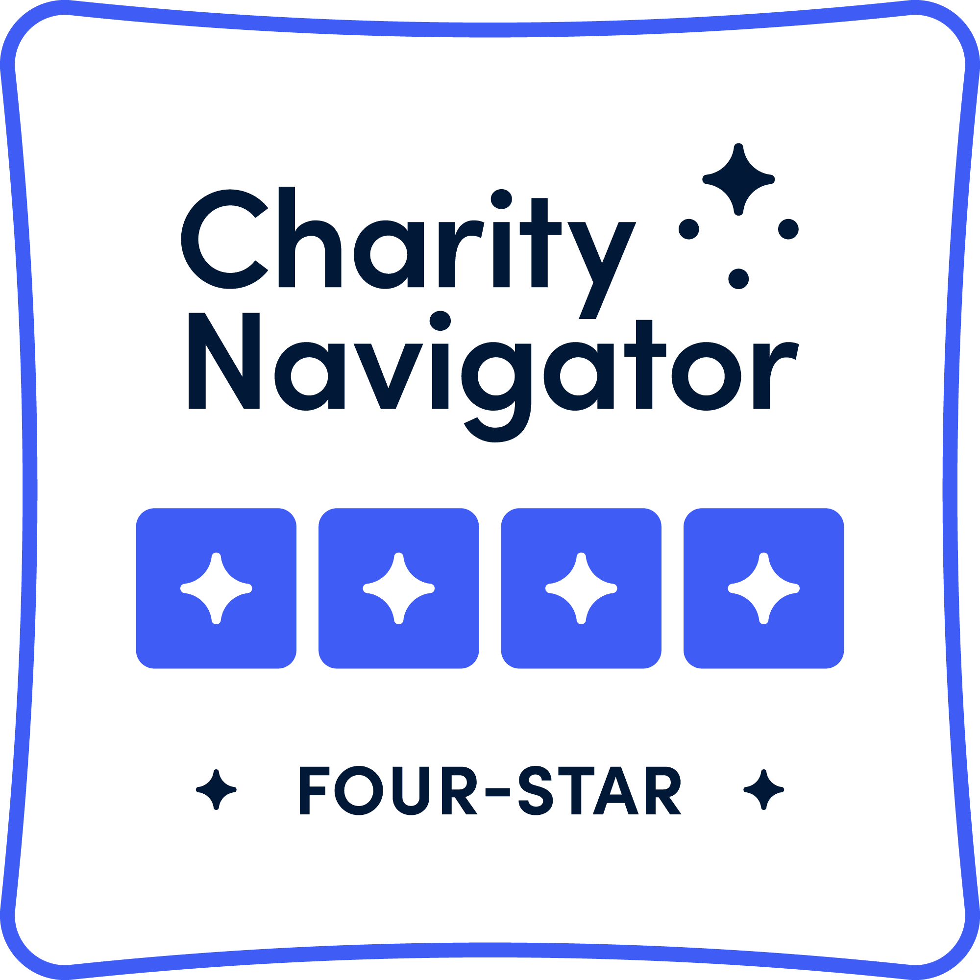 Charity Navigator badge showing four blue stars and the words “Charity Navigator Four-Star.”.
